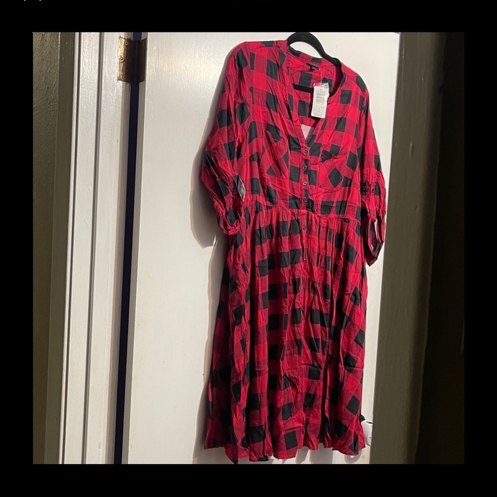 Red and Black Plaid Button-Up Shirt Dress